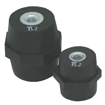 TM isolator i sort gummi med M6 gevind. Modellen er 25mm høj og 15mm i diameter.