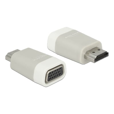 Hvid DeLock HDMI-A til VGA-adapter med HDMI-hanstik og VGA-hunstik, vist fra to vinkler.