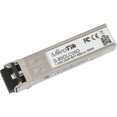 Mikrotik SFP dual fiber, 1.25G MM, 550m, 850nm modul i sølv metal med tydelig mærkning og FCC CE logoer.