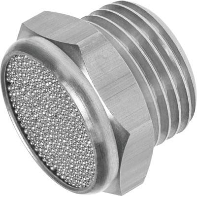 Festo lyddæmper AMTE-M-H-G12 i metal med gevind og et porøst filtermateriale på den anden side.