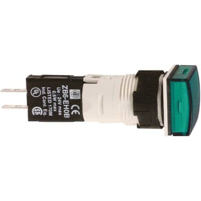 Schneider Electric Harmony Style 6 XB6CV3BB grøn signallampe trykknap med LED, Ø16 mm, vist fra siden med tydelig mærkning.