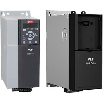 Danfoss VLT Frekvensomformer FC280, 0,37kW, 230V, IP20 viser enheder side om side med fokus på kontrolpanelet.