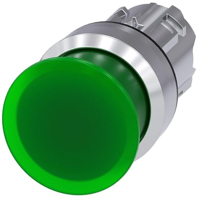 Siemens 22mm rund paddetrykknap i grøn metal med højglans finish og 30mm diameter, kortvarig betjening.