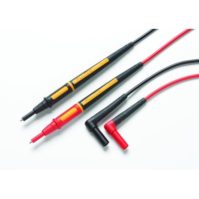 Fluke TL175 TwistGuard testprober i forskellige konfigurationer, herunder justerbare spidser og vinklede stik, lagt ud på en hvid baggrund.