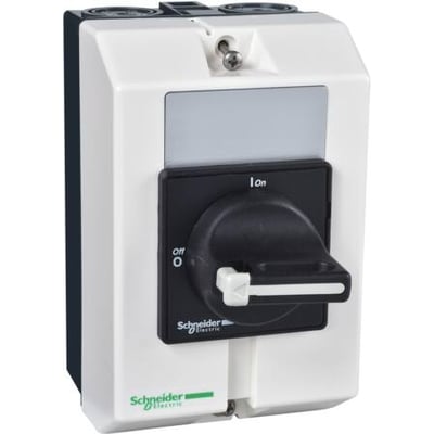 Schneider Electric TeSys Vario sikkerhedsafbryder 11kW/25A, 3P IP65 i stålgrå kunststof med sort drejehåndtag og tydelige 'On'/'Off' markeringer.