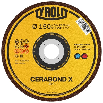 Tyrolit CERABOND X skrubskive i gul med ø 150 x 7 x 22,23 mm mål, specielt til stål og rustfrit stål. Indeholder symboler for sikker brug.