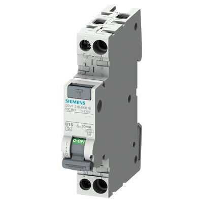 Siemens Kombiafbryder 10A 30MA C 1P+N, model 5SV1316-1KK10, i hvidt og gråt plast med tydelige mærker og afbryderhåndtag.
