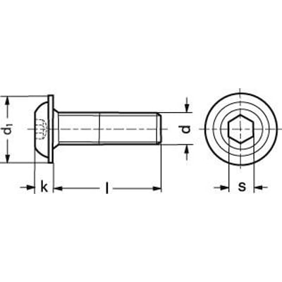 Teknisk tegning af sort M4X16 ISO 7380-2 skrue med flange og indvendig 6-kant, viser dimensioner som d1, k, l, d og s.