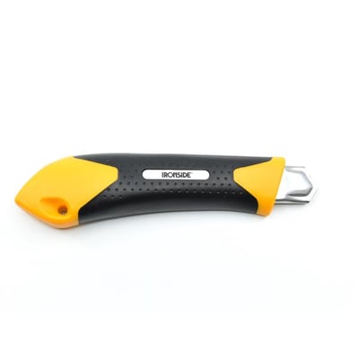Ironside universalkniv med 18 mm SK2H-klinge, gul-sort greb og skruelås set fra siden.