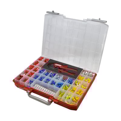 Elpress sortimentskasse RPL1001 åben, med røde, blå og gule isolerede kabelsko/muffer i 29 rum, samt presseværktøj og afisoleringstang.