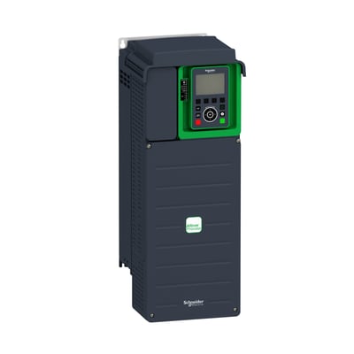 Schneider Electric Altivar Process frekvensomformer i mørkeblå og grøn med display og knapper på fronten, isoleret på hvid baggrund.