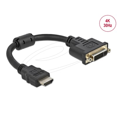 Sort DeLock HDMI-til-DVI-adapter med kort kabel og synlige HDMI- og DVI-stik; understøtter 4K ved 30 Hz.