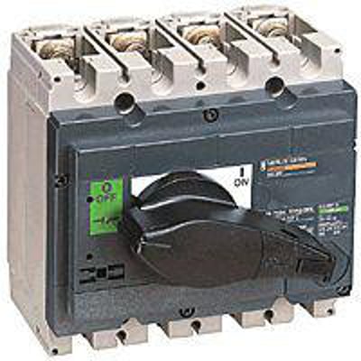 Schneider Electric Interpact INS250 3-polet lastafbryder med sort drejehåndtag og tydelig ON/OFF indikator i grå og mørkegrå kappe.