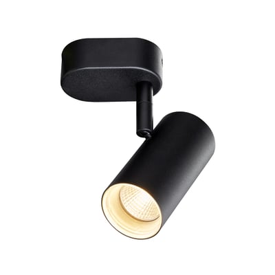 Tæt på den sorte SLV NOBLO lampe, viser dens monteringsbase og den roterbare cylinderformede spot med lysudgang.