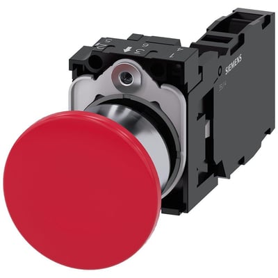 Siemens paddehattrykknap, 40mm rund, rød, med højglans metalfront og 1 NO + 1 NC kontakt på sort baggrund.