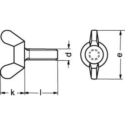 Teknisk tegning af M6X10 (DIN 316) A2 fløjskrue i rustfrit stål med amerikansk form, viser dimensioner som k, l, d og e.