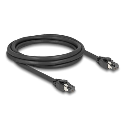 Sort Delock Cat. 8.1 S/FTP-netværkskabel på 2 meter, oprullet med RJ45-stik i begge ender.