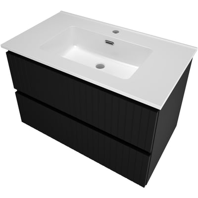 Sanibell Proline møbelsæt i matsort med 2 grebsfrie softclose skuffer og hvid porcelænsvask med overløb og hanehul.