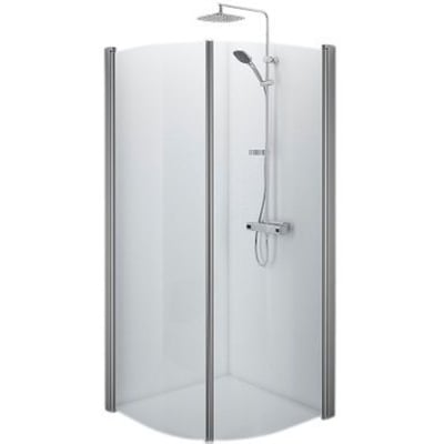 Contura Shower Space hjørneløsning med to buede døre af klart glas og mat aluminiumsprofil, vist med et brusehoved.