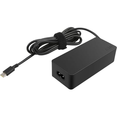 Sort Lenovo 65 W USB-C AC-adapter med smart voltage, vist med strømledning og USB-C-stik.