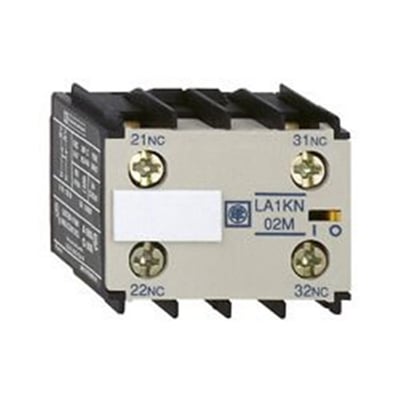 Schneider Electric hjælpeblok LA1KN02M med 2 slutte og 2 bryde kontakter (2NC), viser terminalmærkninger og clipsmontering.