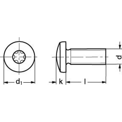 Teknisk tegning af M6X35 DIN 7985 maskinskrue med pan hoved og T-drive i el galvaniseret 4.8 stål.