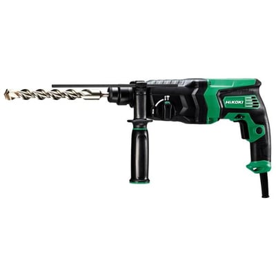 Hikoki DH26PB2 borehammer på 830 W i grøn og sort, set fra siden med støttehåndtag og langt bor.