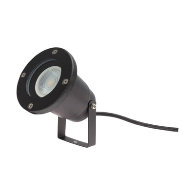 Sort SpectrumLED FLORI GU10-havespot med rund front, justerbart beslag og ledning, set skråt forfra.