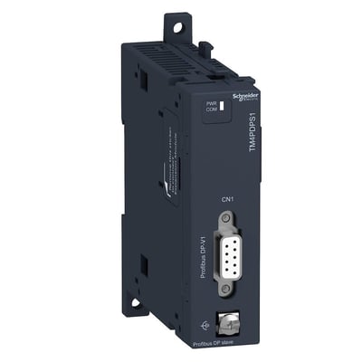 Schneider Electric Modicon TM4PDPS1 Profibus DP slave modul set fra siden med PWR/COM indikator og SUB-D-stik.