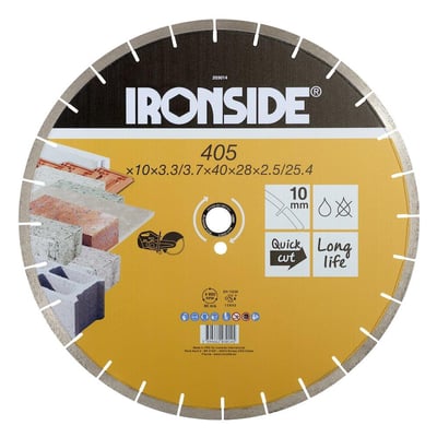Ironside universal diamantklinge på 405 mm med segmenteret skærekant og gul mærkning, vist forfra.