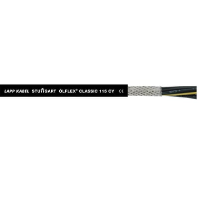 Lapp Ölfex Classic 115 CY 4G6 BK kabel med skærm, tydelig tekstning og forskellige farvede ledere.