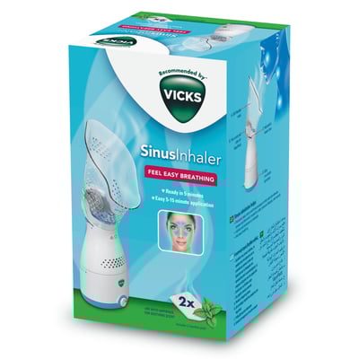 Vicks bihuleinhalator-pakke med enheden, VapoPads og en illustration af en person, der inhalerer damp.