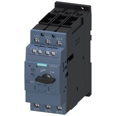 Siemens SIRIUS 3RV2 motorværn størrelse S2 med skrueterminaler, 35-45A indstillingsområde og en drejekontakt med ON/TEST/TRIPPED markeringer.