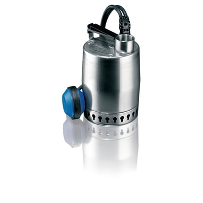 Grundfos Unilift KP350A-1 dykpumpe i rustfrit stål med 5 meter kabel og 1 1/4" muffe, vist på hvid baggrund.