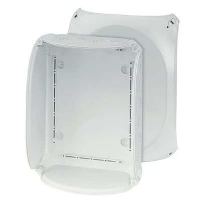 Hensel Kvik Forgreningsdåse KF3500G i grå plast, 295x225 mm, vist åben og uden klemmer, klar til udendørs installation.