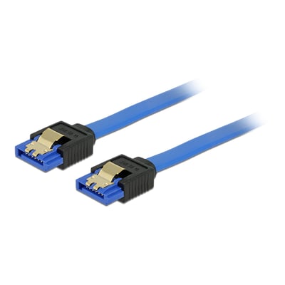 Blåt DeLOCK SATA-kabel på 0,2 meter med lige 7-benede hunstik og guldfarvede metalclips.
