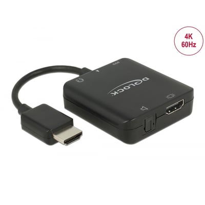 Sort, kompakt Delock HDMI-lydudtrækker med kort HDMI-kabel og stik, vist skråt forfra.