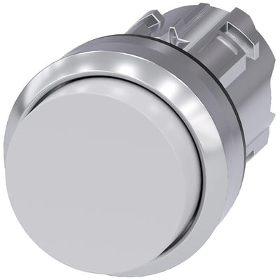 Siemens 22mm rund trykknap i metal med skinnende hvid knap og integreret bagmonteringsenhed.