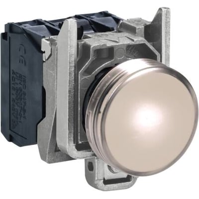 Schneider Electric Harmony Style 4 trykknap med hvid betjeningsknap og en 120V AC LED-indikator, vist fra siden.