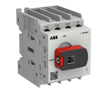 ABB OT40G1-4MQN2 4-polet lastafbryder på 40 A med gråt hus og rød, sort drejeknap til bund- eller DIN-skinne.