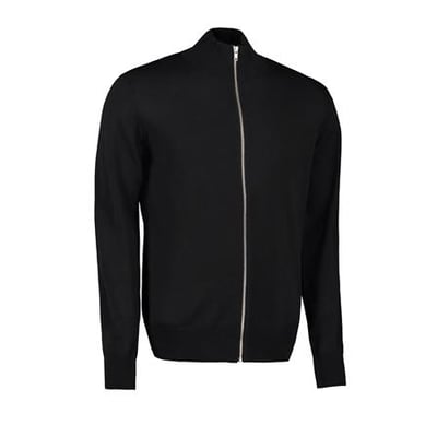 Seven Seas cardigan i sort, str. M, med lynlås og høj krave i blød merino uld, præsenteret på hvid baggrund.