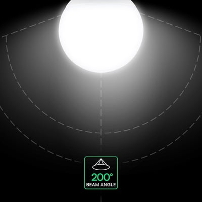 V-TAC LED-globepære G120 med E27-fatning lyser mod en grafisk markering af lysspredningen på 200°.