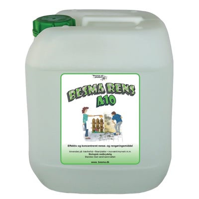 Besma RensA10 10 liters rensemiddel i stor hvid plastbeholder med grønt låg og etikette, der viser illustration af rengøring.