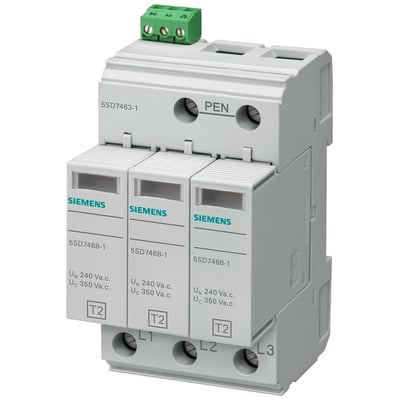Siemens overspændingsafleder type 2 (5SD7463-1), 3-polet med PEN-terminal og grøn koblingsboks til ledningsføring.