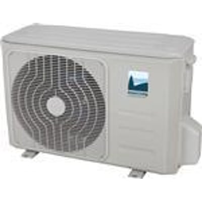 Solarplus luft/luft varmepumpe udedel i lys grå plast med et stort ventilationsgitter på fronten og et blåt logo.