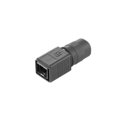 Weidmüller tomt hus til industriel Ethernet, IP67, i mørkegrå med rektangulær åbning og rund kabeltilslutning.