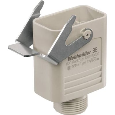 Weidmüller kabelhus i størrelse HQ med 1xPG16 kabelindgang i toppen og én metalbøjle, isoleret.