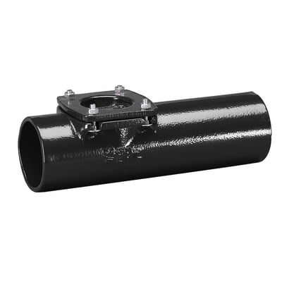 Sort MA bøjning med 45 graders vinkel og 150 mm diameter, lavet af epoxy-coated støbejern.