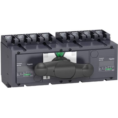 Schneider Electric 4-polet omkobler INS250, 160A, med sort håndtag og grøn/grøn kontaktpositionsindikator, vist på hvid baggrund.