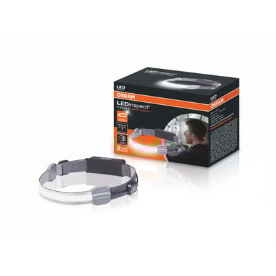 Osram LEDinspect FLEXIBLE HEAD TORCH pandelampe med 115 lumen og 6000K, vist sammen med emballagen i sort og orange design.